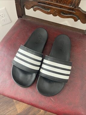 adidas Black Slides with White Triple Stripes